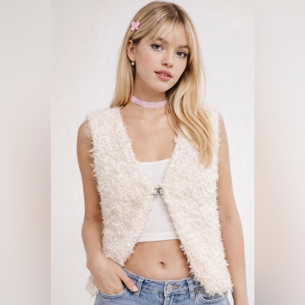 Urban Outfitters Cream Fuzzy Knit Vest | Y2K Cozy Chic | Size S